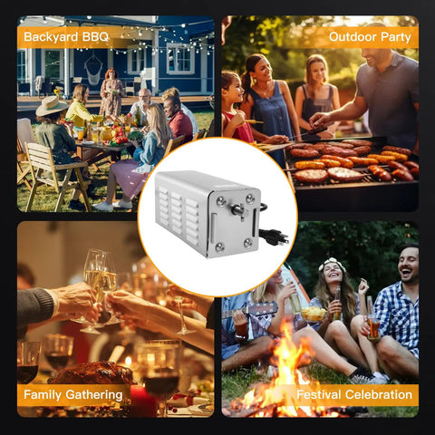 Top Shelf Rotisserie Motor For Electric Grill And Backyard Pit Serving As A Smooth Operator Handling Up To 100 Pounds With Heavy Duty Stainless Steel Build displayed at outdoor gatherings.