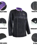 Cowhide Welding Cape Jacket Built Like A Tank Featuring Full Cape Sleeves Anchored To A Heavy Duty Bib Apron For Top Tier Heat And Spark Shielding In Pitch Black with purple collar lining.