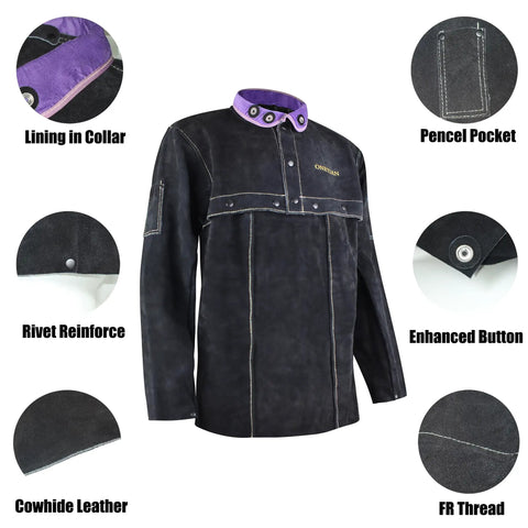 Cowhide Welding Cape Jacket Built Like A Tank Featuring Full Cape Sleeves Anchored To A Heavy Duty Bib Apron For Top Tier Heat And Spark Shielding In Pitch Black with purple collar lining.