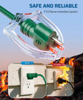 40 Ft Outdoor Extension Cord With 1 To 3 Splitter, 3 Prong Outlets, flame-retardant jacket, safe use demonstration