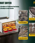 No Sweat 18 Tray Food Dehydrator Machine With Slick Adjustable Temp Timer For Making Beef Jerky Fruit Leather Fresh Herbs And Dog Treats In Your Home Kitchen with dried fruits displayed.