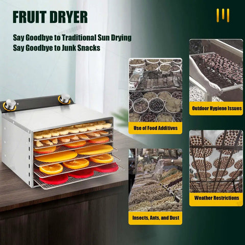 No Sweat 18 Tray Food Dehydrator Machine With Slick Adjustable Temp Timer For Making Beef Jerky Fruit Leather Fresh Herbs And Dog Treats In Your Home Kitchen with dried fruits displayed.