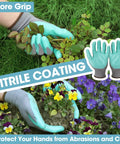 Gardener wearing gloves from Aluminum Garden Tool Set Four Piece With Trowel Rake Pruner And Gloves In Sturdy Box Heavy Duty Hand Tools Floral Pattern Garden Kit For Planting Digging Transplanting And Weeding, handling plants.