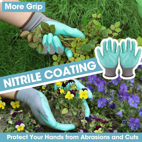 Gardener wearing gloves from Aluminum Garden Tool Set Four Piece With Trowel Rake Pruner And Gloves In Sturdy Box Heavy Duty Hand Tools Floral Pattern Garden Kit For Planting Digging Transplanting And Weeding, handling plants.