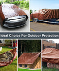 Beefy 8x10 Foot Heavy Duty Tarp With Grommets Waterproof 14 Mil Poly covering car, boat, leaves, tent, and bricks outdoors