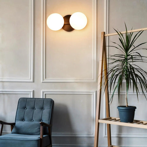 Dope Matte Black Two Light Globe Vanity Wall Sconce, Modern Mid Century Style Bathroom Light Fixture With Opal Glass Shades