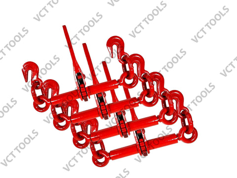 Top view of Four Pack Ratchet Chain Binders Beefy Heavy Duty 1/4 To 5/16 Inch Load Binders For Flatbed Truck Trailer Hauling Easy Ratchet Lockdown