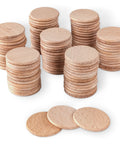 Premium Unfinished Wood Cutout Circles 1.5 Inches stacked and arranged, made of natural pine, ideal for DIY crafting.