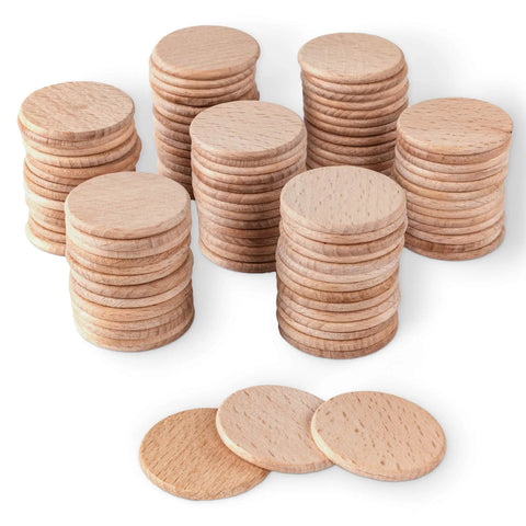 Premium Unfinished Wood Cutout Circles 1.5 Inches stacked and arranged, made of natural pine, ideal for DIY crafting.