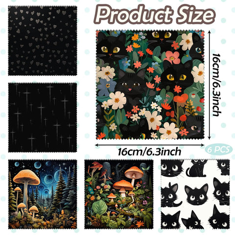 Six-piece microfiber cleaning cloths set for glasses, phones, and cameras; 6.3x6.3in, mushroom and cat patterns.