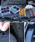 Must Have 725 Piece Car Push Retainer Clips And Auto Fasteners Kit With 23 Popular Sizes Nylon Bumper Fender Rivets Includes 10 Cable Ties And Remover For Toyota GM Ford Honda Chevy displayed in a car engine bay with installation demo.