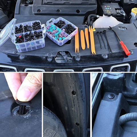Must Have 725 Piece Car Push Retainer Clips And Auto Fasteners Kit With 23 Popular Sizes Nylon Bumper Fender Rivets Includes 10 Cable Ties And Remover For Toyota GM Ford Honda Chevy displayed in a car engine bay with installation demo.