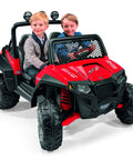 Children riding in a red Polaris RZR 900 ride-on toy, compatible with 12V Gearbox Replacement Kit White For John Deere Gator XUV