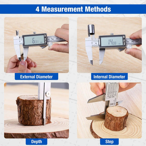 Ultra Precise 6 Inch Digital Caliper With Large LCD Display, showing external, internal, depth, and step measurements on wood