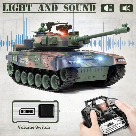 1:18 RC Tank With 2.4GHz Remote Control Realistic Russian T90 Beefed Up Battle Ready Tank displayed with remote and sound features