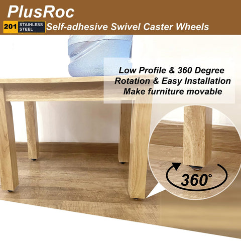 PlusRoc stainless steel self-adhesive swivel caster wheels, 8-pack, for furniture; 360° rotation shown on a wooden table leg.