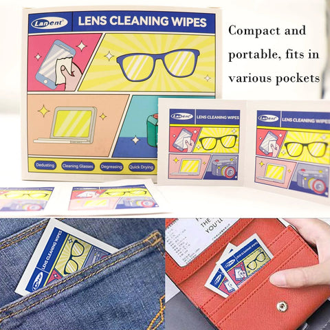 Lanent lens cleaning wipes front box view, 300 count; colorful graphic with glasses, phone, and camera icons.