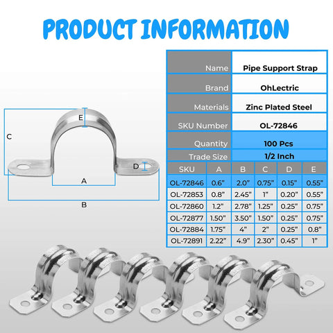 Heavy Duty Pipe Straps Two Hole EMT Conduit Clamps Half Inch Galvanized Steel U Brackets for secure pipe support.