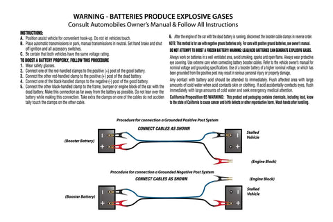 Instruction manual for Heavy Duty Jumper Cables 1 Gauge 25 Foot 800 Amp with boost connection procedures.