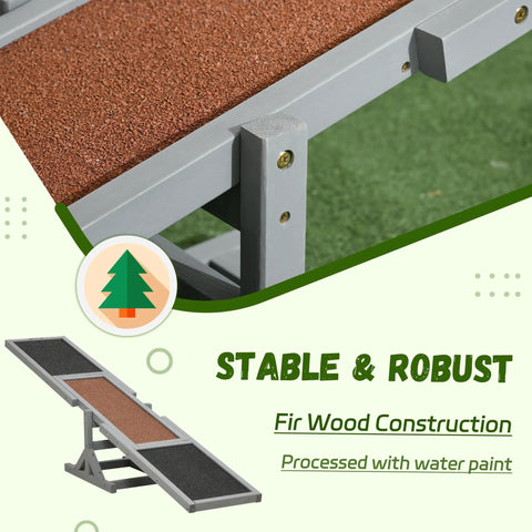Detail of Wooden Dog Agility Seesaw showing high-traction surface and fir wood construction, outdoor ready, 71x12x12 inches, gray.