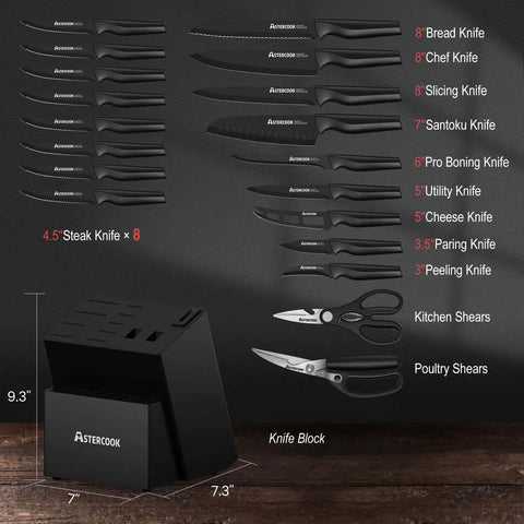 No Fuss All In One 21 Piece Kitchen Knife Set With Block And Built In Sharpener, German Stainless Steel Blades, Dishwasher Safe