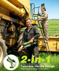 Two workers using Cordless 12000 PSI Electric Grease Gun Kit with dual batteries and 48 inch hose on farm equipment.