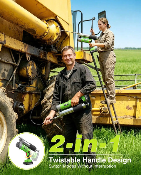 Two workers using Cordless 12000 PSI Electric Grease Gun Kit with dual batteries and 48 inch hose on farm equipment.