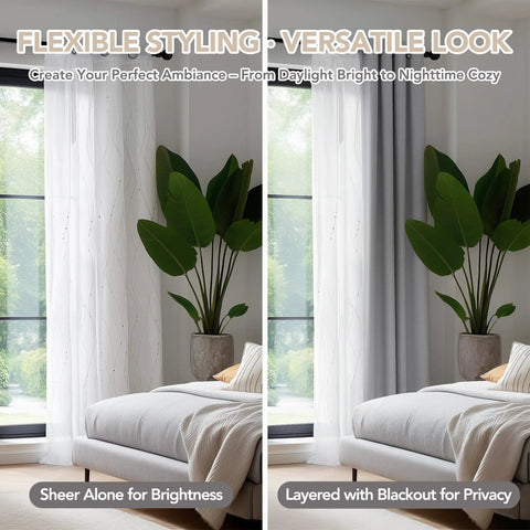 Oeko-Tex Certified Sheer Foil Print Curtains 2 Panels With Grommet Top installed in living room showing brightness and privacy options.