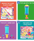 Steps of using Mess Free Diamond Painting Kit For Kids Ages 4-8, Gem Art Craft Set With Popper Tool; includes tool and design card.