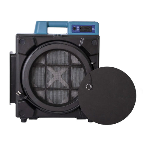 Heavy Duty Air Scrubber Slings Seven Five Zero Cfm Negative Air Through Triple HEPA Filters To Clear Rooms Fast, showing filters and controls.