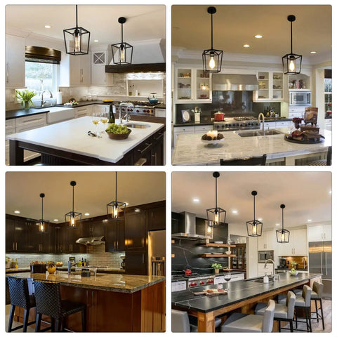 Kitchens with Dope Industrial Black Pendant Light 1 Light For Kitchen Island With Iron Cage Lantern And Clear Glass Shade.