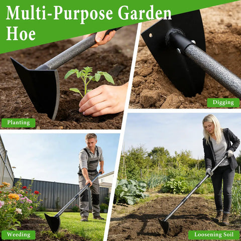 Heavy Duty Garden Hoe With Adjustable Long Handle From 30 To 72 Inches used for weeds removal, cultivating, digging, and loosening soil