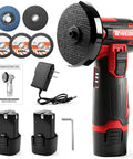 Rivlox cordless angle grinder kit (3-inch) red/black handheld tool with 2x12V 1500mAh batteries, charger, and five discs.
