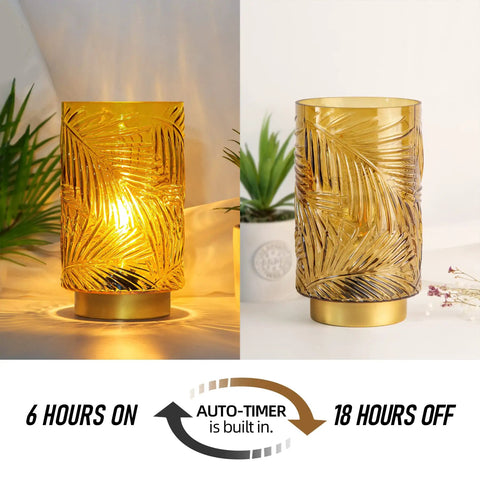 Cordless Battery Operated LED Glass Lamp With Timer Yellow Table Centerpiece showcasing 6 hours on and 18 hours off timer.