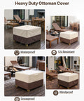 Square Patio Ottoman Cover Waterproof Outdoor Shield With Padded Handles in use on patio ottomans and side tables on rainy day.