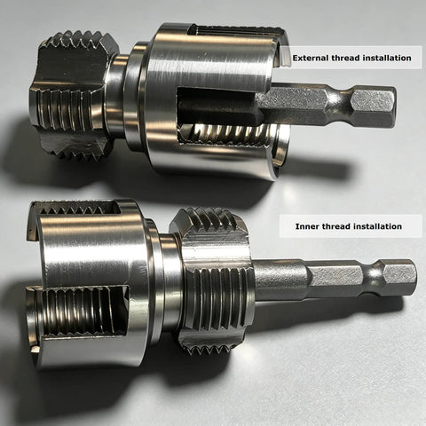 Essential 3 Piece Pvc Pipe Threading Tool Kit For Creating Smooth Internal And External Threads On One Half Three Quarters And Inch Plastic Pipes Compatible With Electric Drills For Plumbing Jobs And Home Fixes. Close-up of external and inner threading tools.