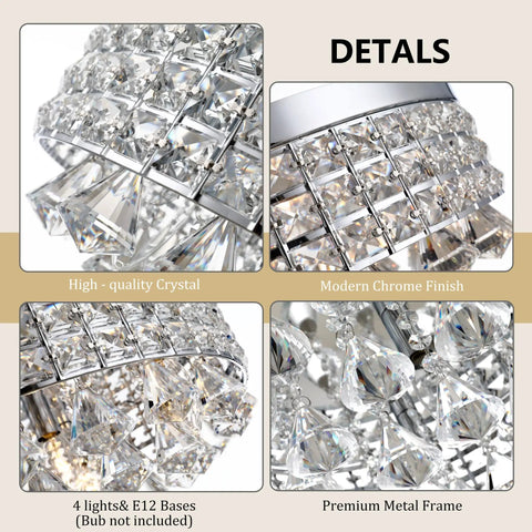 Detail view of Four Light Crystal Chandelier with Modern Drum Ceiling Light featuring chrome metal frame and K9 crystals