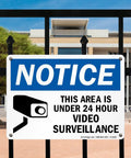 24 Hour Video Surveillance Security Camera Sign 10 By 14 Inch Heavy Duty Plastic Outdoor Notice Plaque on fence.