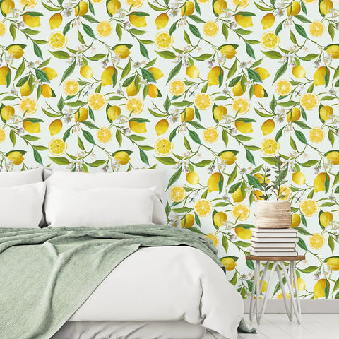 Bedroom with Lemon Peel And Stick Floral Wallpaper Dope Fresh Citrus Leaf Prints Removable Self Adhesive Vinyl For Nursery Bedroom Kitchen Walls Cabinets And Shelf Liners 17.7 By 118 Inches.