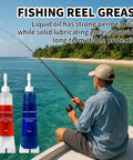Man fishing on boat with All Purpose Fishing Reel Lubricant Kit 1.35oz With Liquid Oil And Solid Grease shown by his side