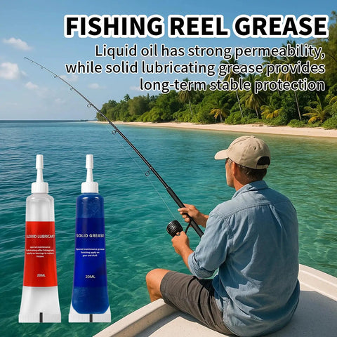 Man fishing on boat with All Purpose Fishing Reel Lubricant Kit 1.35oz With Liquid Oil And Solid Grease shown by his side