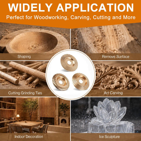 Badass Tungsten Carbide Angle Grinder Wood Carving And Sanding Disc Set Quick Slice Blade Kit displayed with wood shaping and carving applications.
