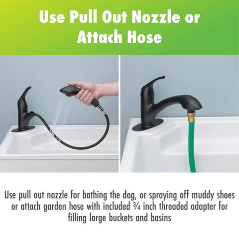 Pull-Out Laundry Faucet With Single Handle, 4.0 GPM Flow, Deckplate Included, Matte Black Finish with hose attachment option