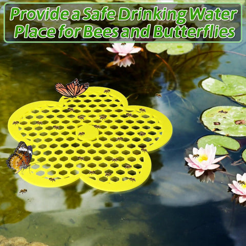 Floating Bee Island Kit For Garden And Pool 4 Pack, 8.66 Inch EVA Foam Bee Watering Station with flower float in pond.