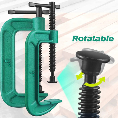 4 Piece 8 Inch Beefy Heavy Duty C Clamp Set With Sliding Jaw For Woodworking And Metalworking Deep Throat Up To Three Eighths Inches 5900 Pound Clamping Capacity Rust Resistant Cast Iron G Clamps For DIY Carpentry Welding And Building Projects Green with rotatable feature.
