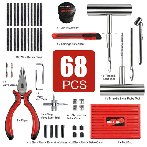 68-Piece All-in-One Heavy Duty Pro Grade Tire Plug Kit With Pressure Gauge, Spiral Probe And Insertion Needle shown with tools