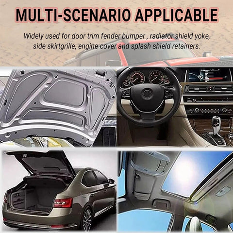 Image of car interior and exterior panels showing versatility of 7mm Universal Car Fender And Bumper Shield Fastener Clips 100 Pcs Push In Trim Panel Clips For GM Chrysler Ford Vehicles Durable Nylon Anti Wear Diy Friendly Easy Install in multiple applications.