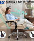 Big And Tall Office Chair 400lbs With Wide Memory Foam Seat And Spring Pack Boss Level Comfort Reclining Desk Chair With Footrest Ergonomic Heavy Duty High Back Computer Chair In Khaki, girl sitting, showing reclining feature with a laptop.