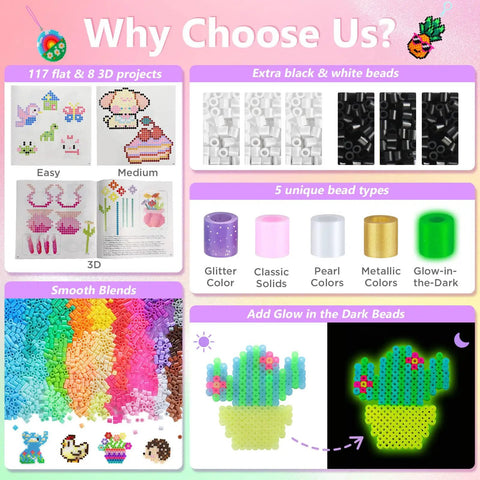 Features of Epic Fuse Beads Kit With 19,200 Beads In 92 Colors, Six Pegboards, 124 Patterns, ironing paper, tweezers, and hooks.