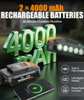 Image of 2x 4000mAh rechargeable batteries with Type-C fast charge and power bank function, displayed with phone charging indicator.
